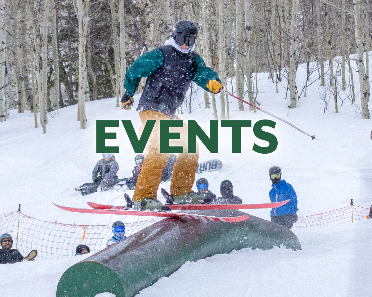 Events Button, Skier on park rail at Powderhorn Mountain Resort